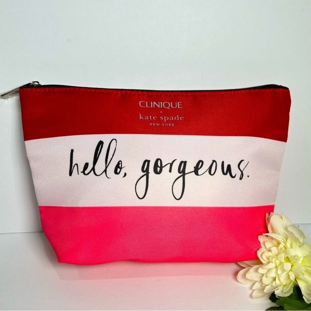 Kate Spade X Clinique HELLO GORGEOUS Rugby Stripe Make Up Bag Red White Pink NEW